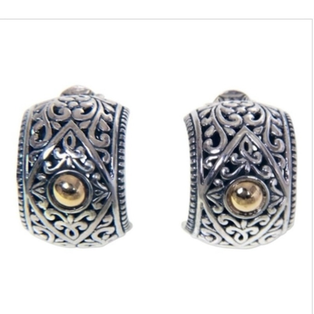 NF Chapel-Zenray 925 Bali Crafted Floral Half Hoop Pierced Earrings Gold Accent